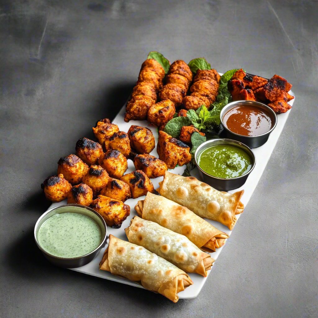 BBQ food platter with chicken tikka, seekh kebab, rolls and mint chutney dipping sauces.