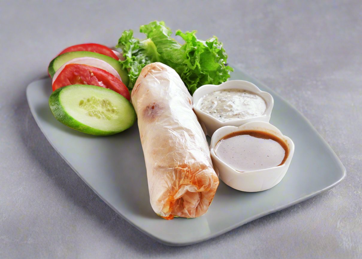 Roll served on a white plate with salad and chutney.