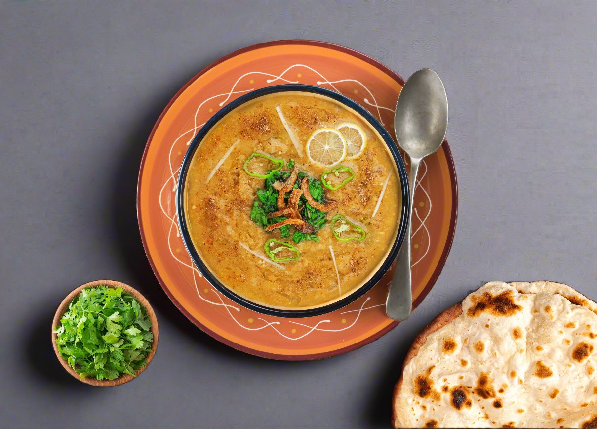 A plate of haleem with nan servied on a table.