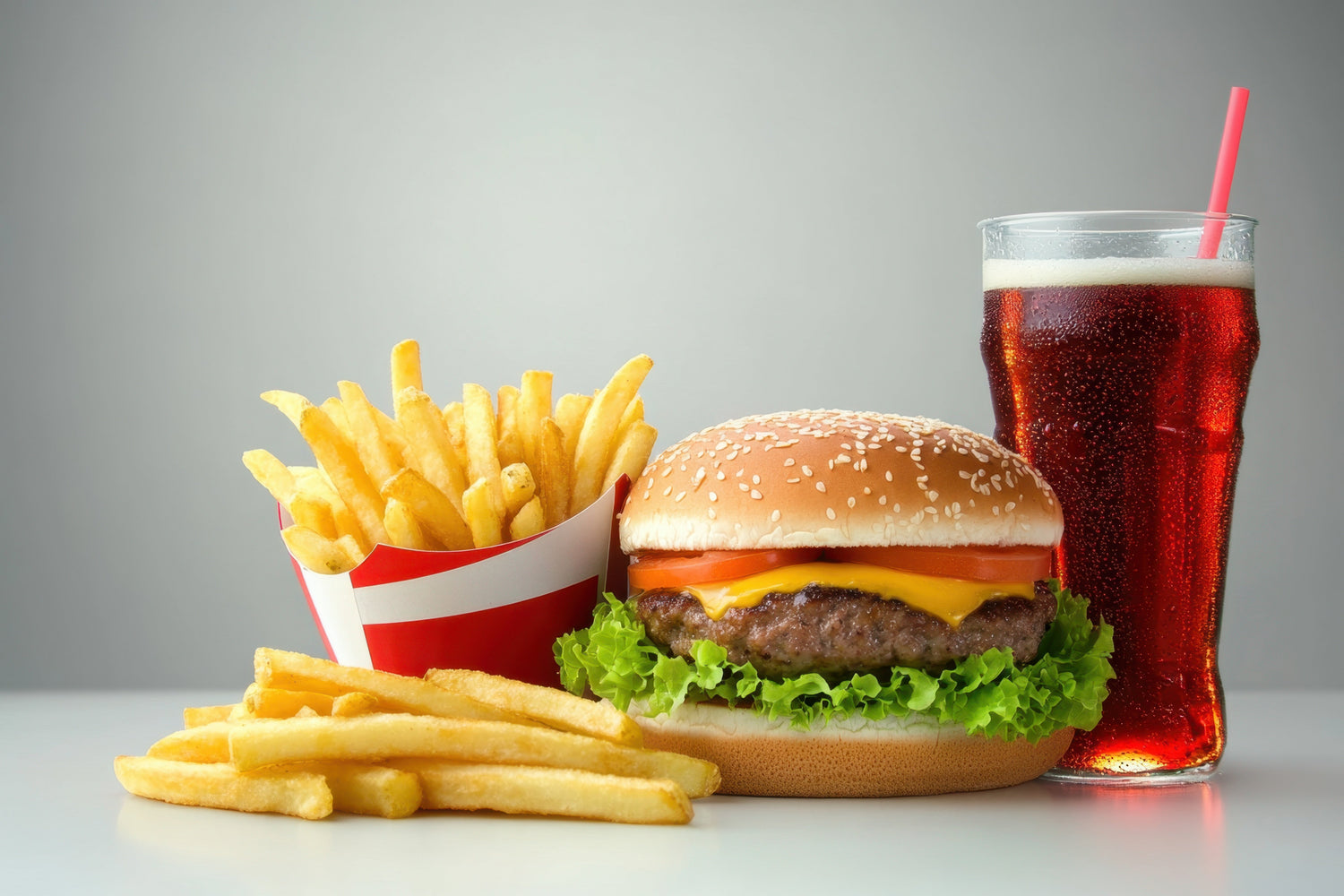A burger with fries and drink presented on a gray table 