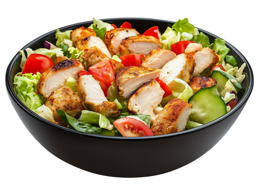 Smoky BBQ chicken salad with tomatoes, smoky chicken and lettuce.