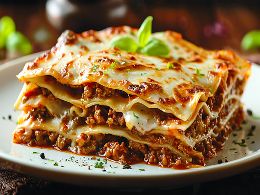 Beef lasagna served on a plate with delicious cheese and sauce