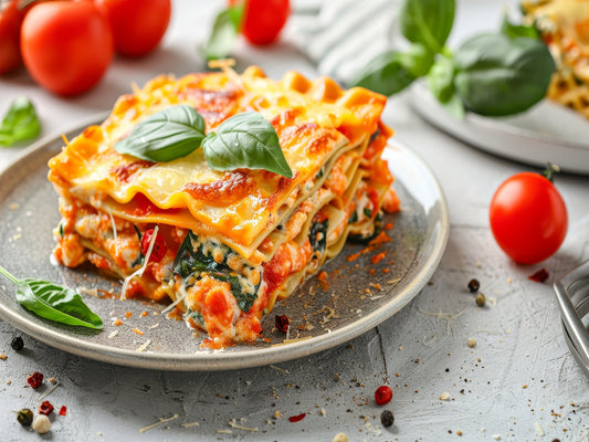 Delicious serving of cheese lasagna served with tomato sauce on a table