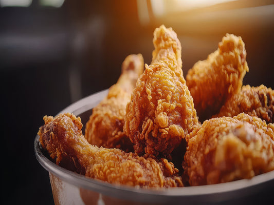 A close-up of crispy fried chicken drumsticks in a bowl, highlighted by warm sunlight, showcasing their golden texture and appetizing appearance.