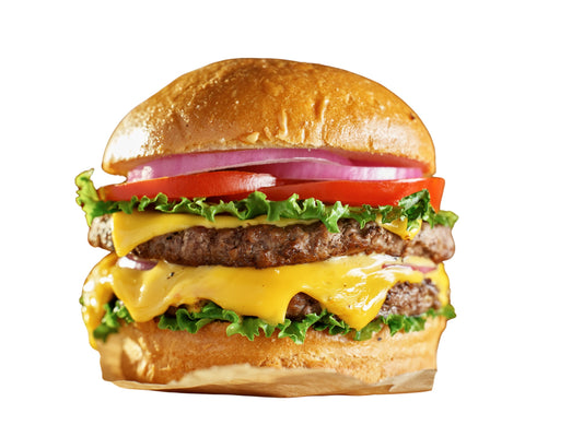 double beef patty burger with double cheese, tomatoes, onions, lettuce with fresh buns
