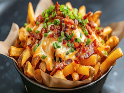 A bowl of pizza fries served with delicious toppings