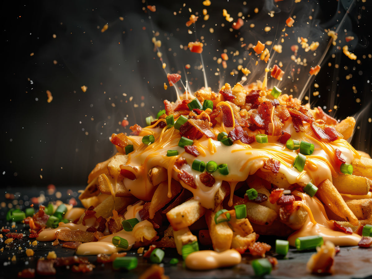 Pizza fries on a table exploding with sauces topped with cheese and other ingredients
