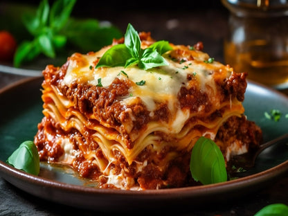 Serving of beef lasagna on a plate with beautiful dressing