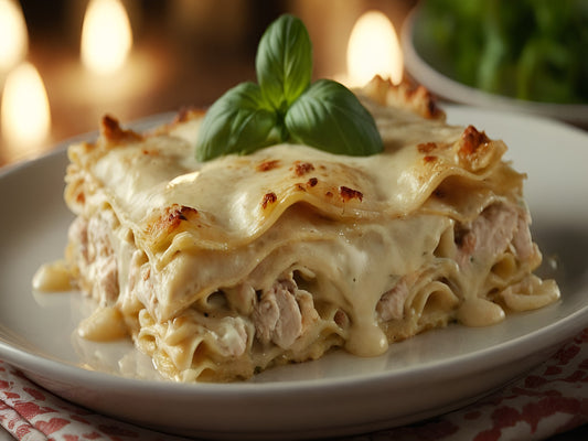 delicious chicken lasagna served on a white plate dripping with cheese