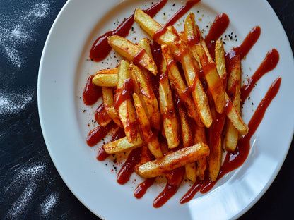 Golden crispy French fries served with ketchup.