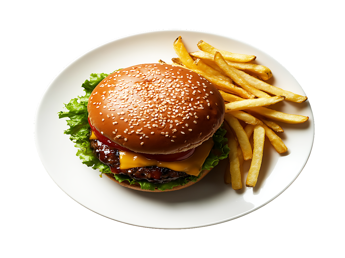 Mouth watering beef burger from the top served with fries on a plate
