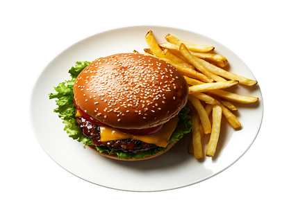 Mouth watering beef burger from the top served with fries on a plate